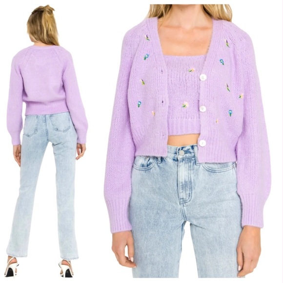 ENGLISH FACTORY Lavender Embroidered Floral Cardigan Faux Shell Buttons So Soft - Picture 1 of 9